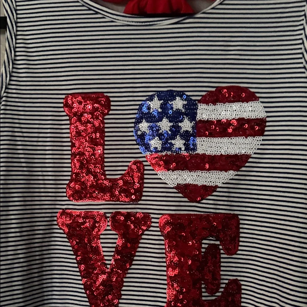 btween Navy & White Striped Tank Dress with Red Sequin LOVE and Flag Heart